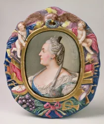 Catherine II (1729-96) etter et portrett av Feodor Rokotov, emalje og kobber, ramme fra Imperial Porcelain Factory, St. Petersburg